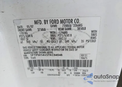 2007 Ford F-150 Fx4/Lariat/Xlt from USA, damaged, VIN 1FTPW14V37KC94548